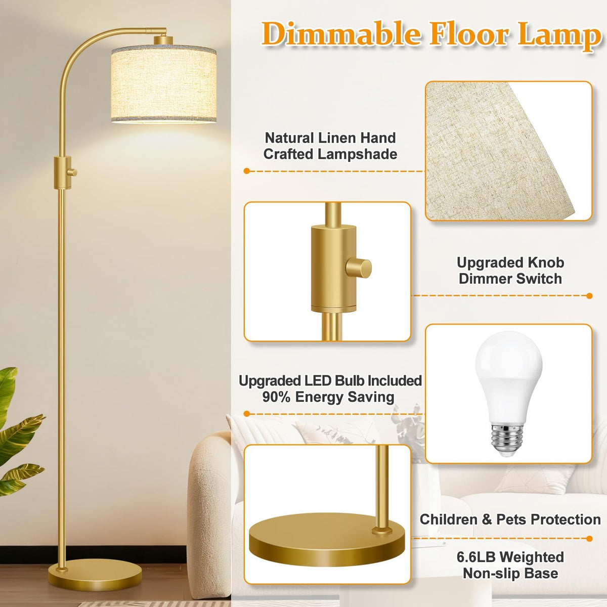 Upgraded Modern Arc Dimmable Tall Standing Floor Lamp with Linen Shade, 1200 Lumens LED Bulb Included, Gold