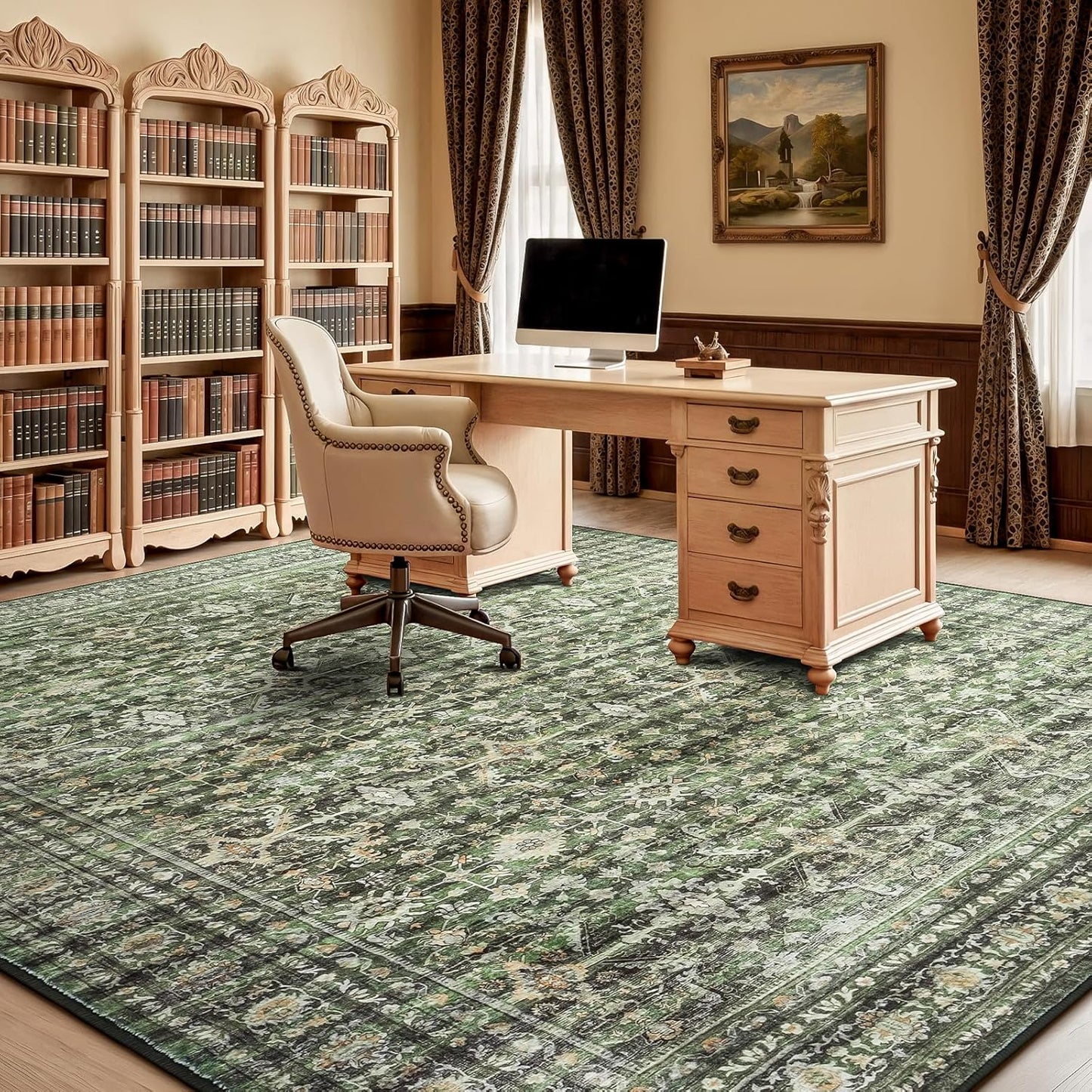 Green 8X10 Area Rug, Washable Non-Slip Large Carpet
