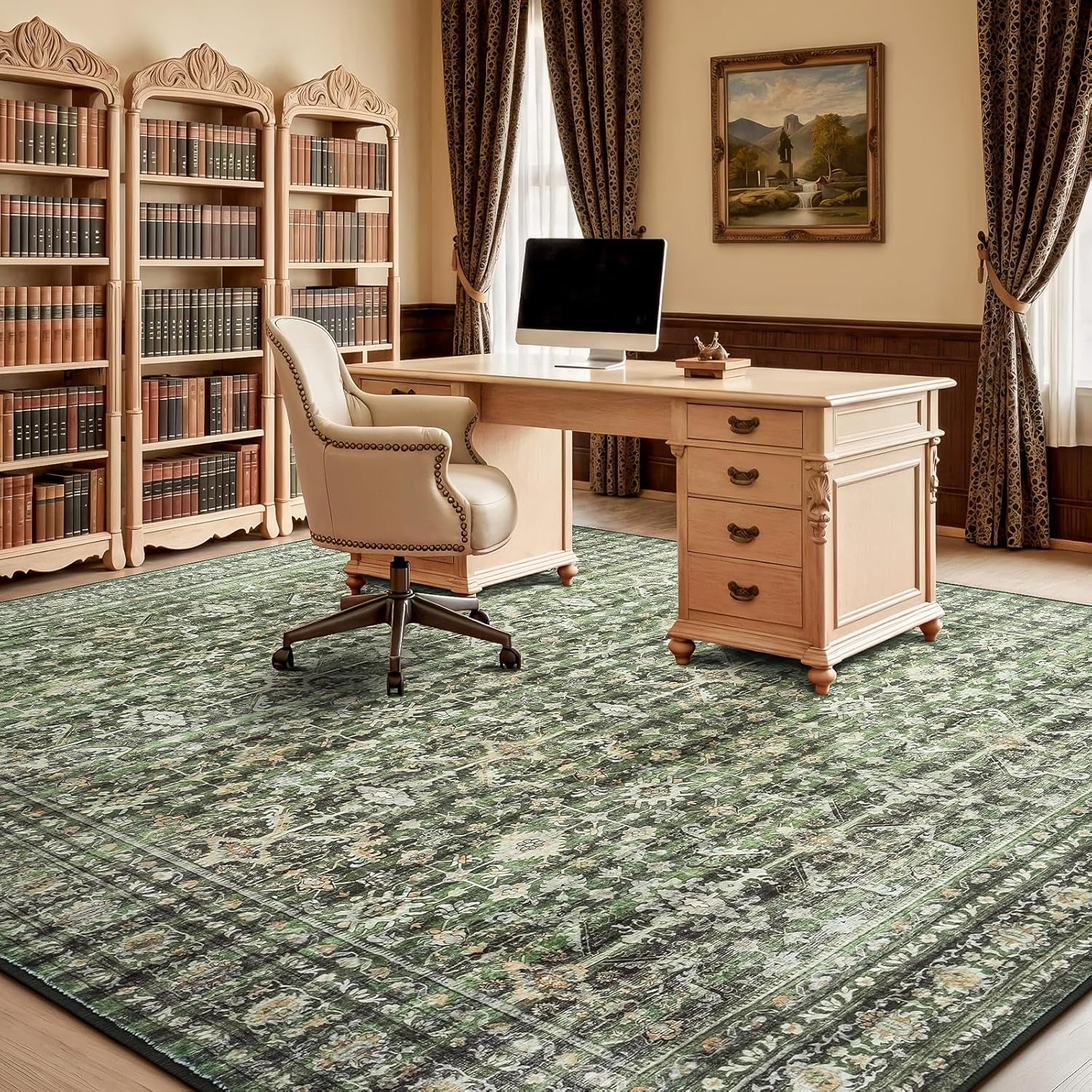 Green 8X10 Area Rug, Washable Non-Slip Large Carpet