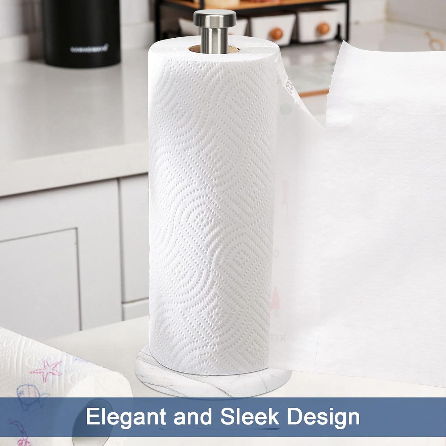 Standing Paper Towel Holder for Kitchen-Standard or Jumbo-Sized Roll Paper (With Marble Base, Brushed Nickel)