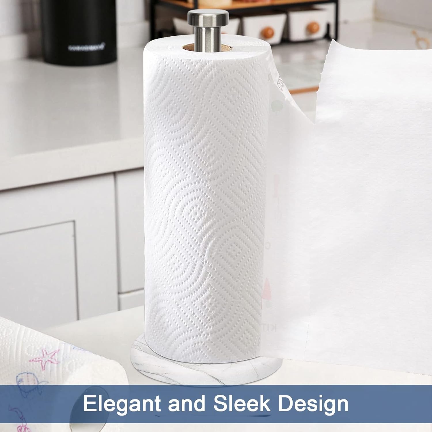 Standing Paper Towel Holder for Kitchen-Standard or Jumbo-Sized Roll Paper (With Marble Base, Brushed Nickel)
