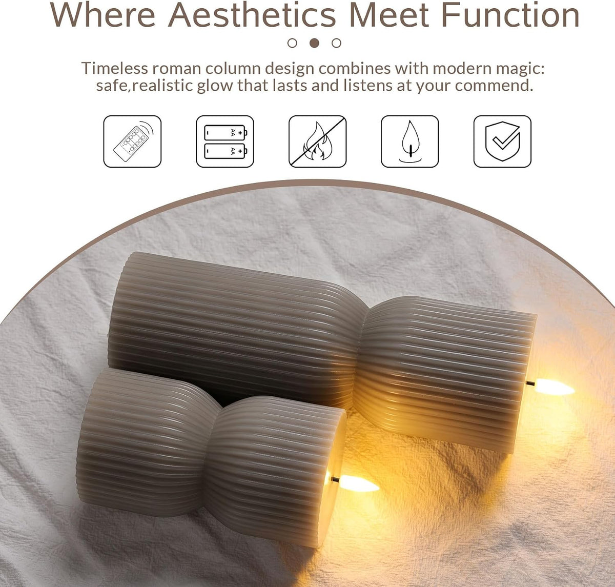 Taupe Ribbed Flameless Pillar Candles with Remote Set of 2