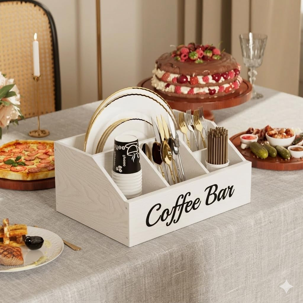 Coffee Station Organizer for Countertop – Wooden Coffee Bar Organizer with Adjustable Dividers for Kitchen, White
