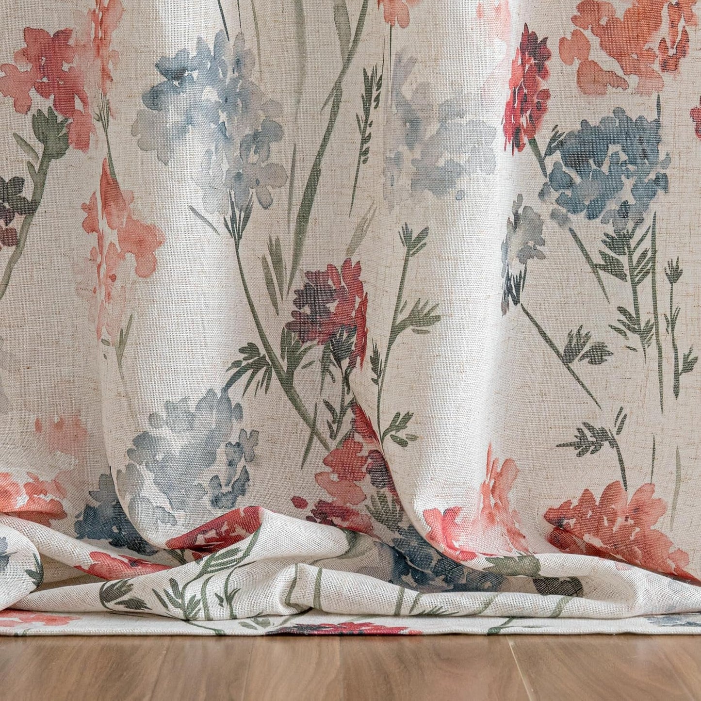 Linen Floral Curtains 84 Inch Length 2 Panels Semi Sheer Light Filtering Privacy Protect Flower Patterned Drapes, 52" Wide, Red, Pack-2