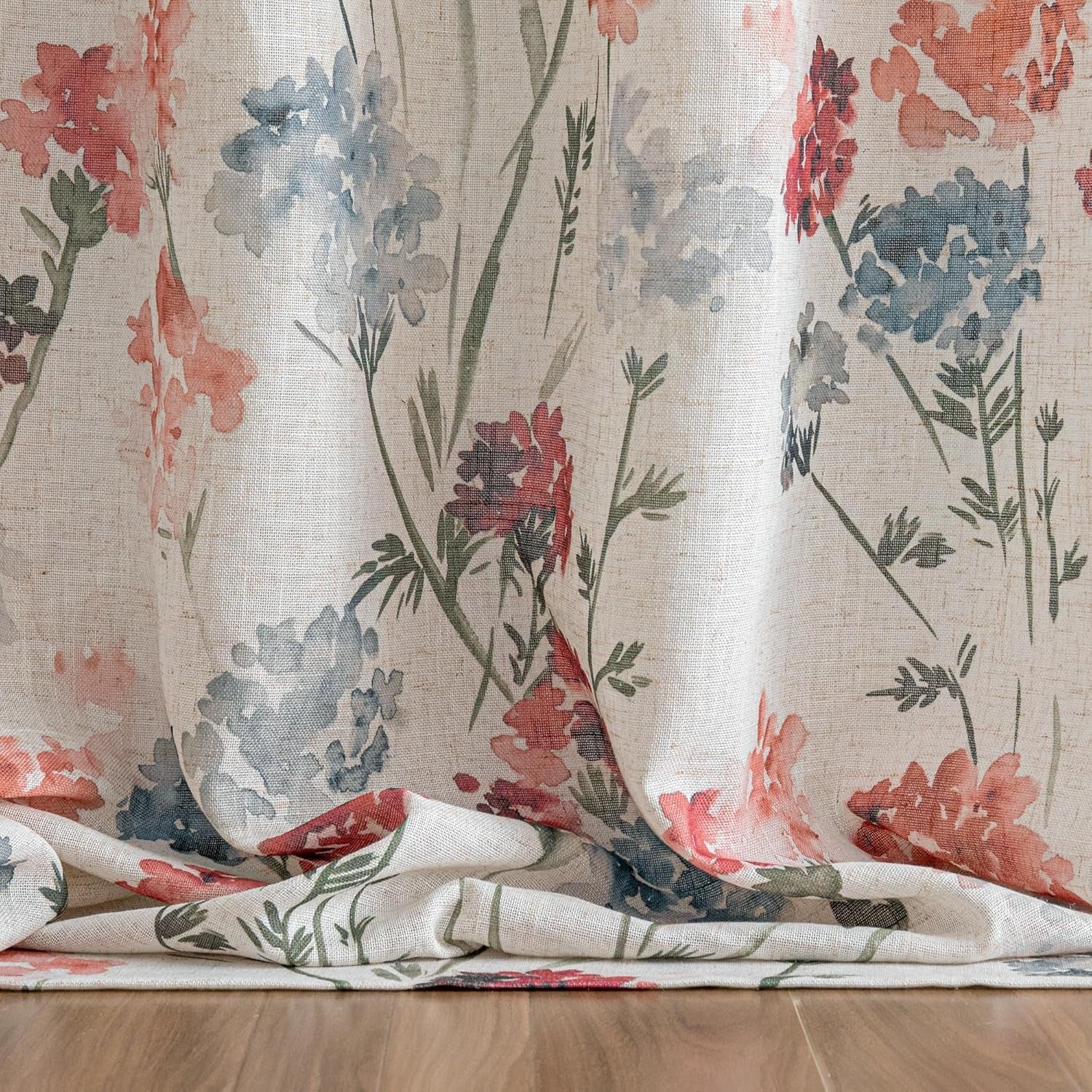 Linen Floral Curtains 84 Inch Length 2 Panels Semi Sheer Light Filtering Privacy Protect Flower Patterned Drapes, 52" Wide, Red, Pack-2