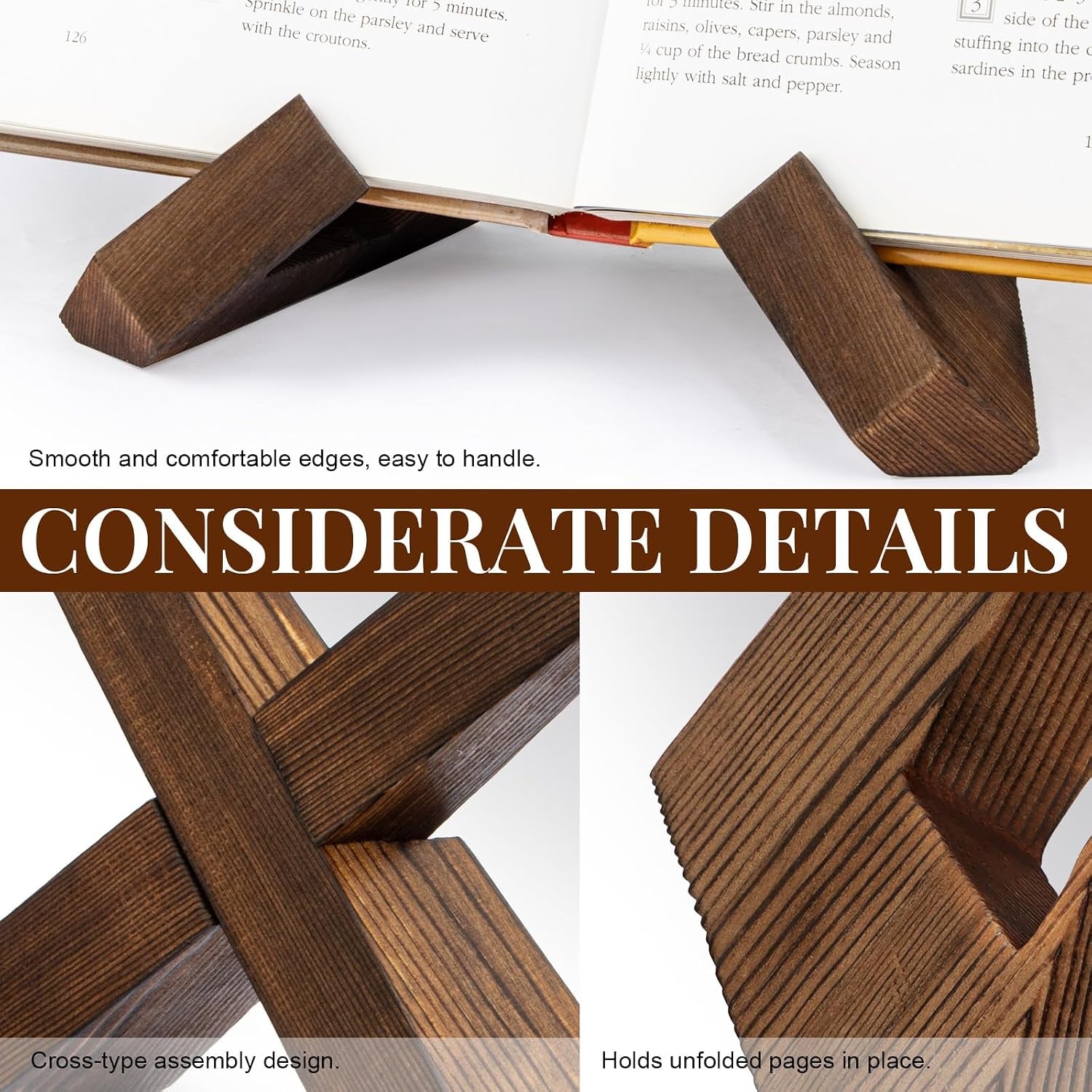 Wooden Cookbook Stand for Kitchen, Recipe Book Holder for Kitchen Counter - Rustic Brown - 1 Set