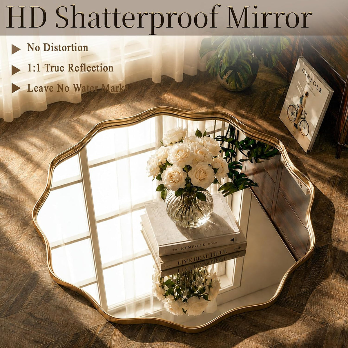 Gold Scalloped Circle Mirror, 24" Wavy Edge round Wall Mirror