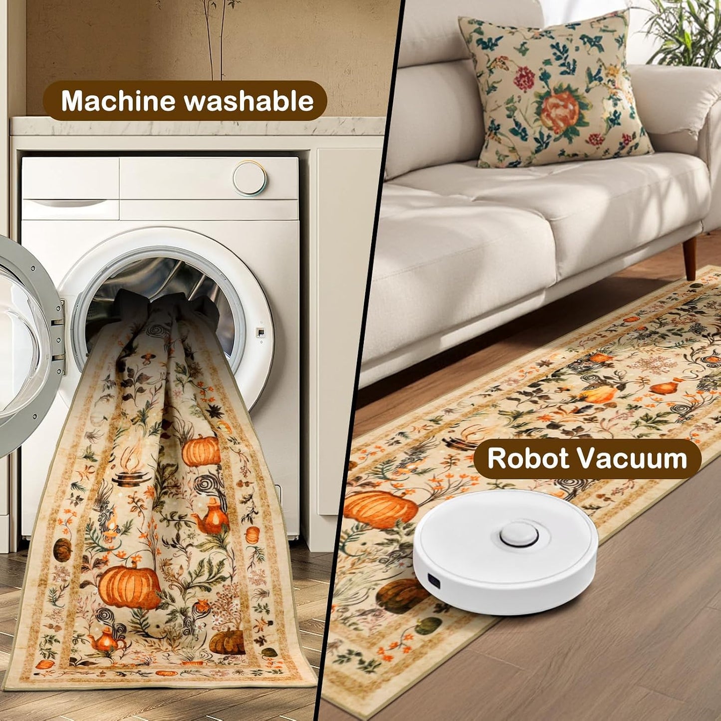 Pumpkins Fall Runner Rug Low Pile, Thanksgiving Kitchen Rugs 2X6Ft, Washable Holiday Mats for Kitchen Floor Non-Slip, Autumn Home Decor for Bedroom Entryway Laundry Room (Orange)