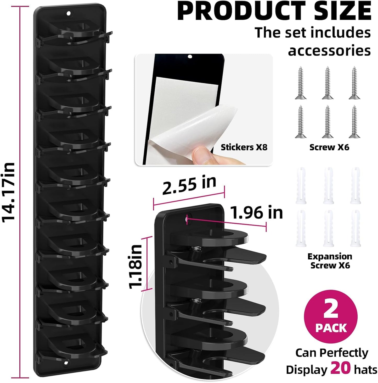 Spring-Loaded Hat Organizer for Baseball Caps (2 Pack) – Holds 20 Caps, Quick Insert & Smooth Release with Secure Hold, Wall Mount – Black