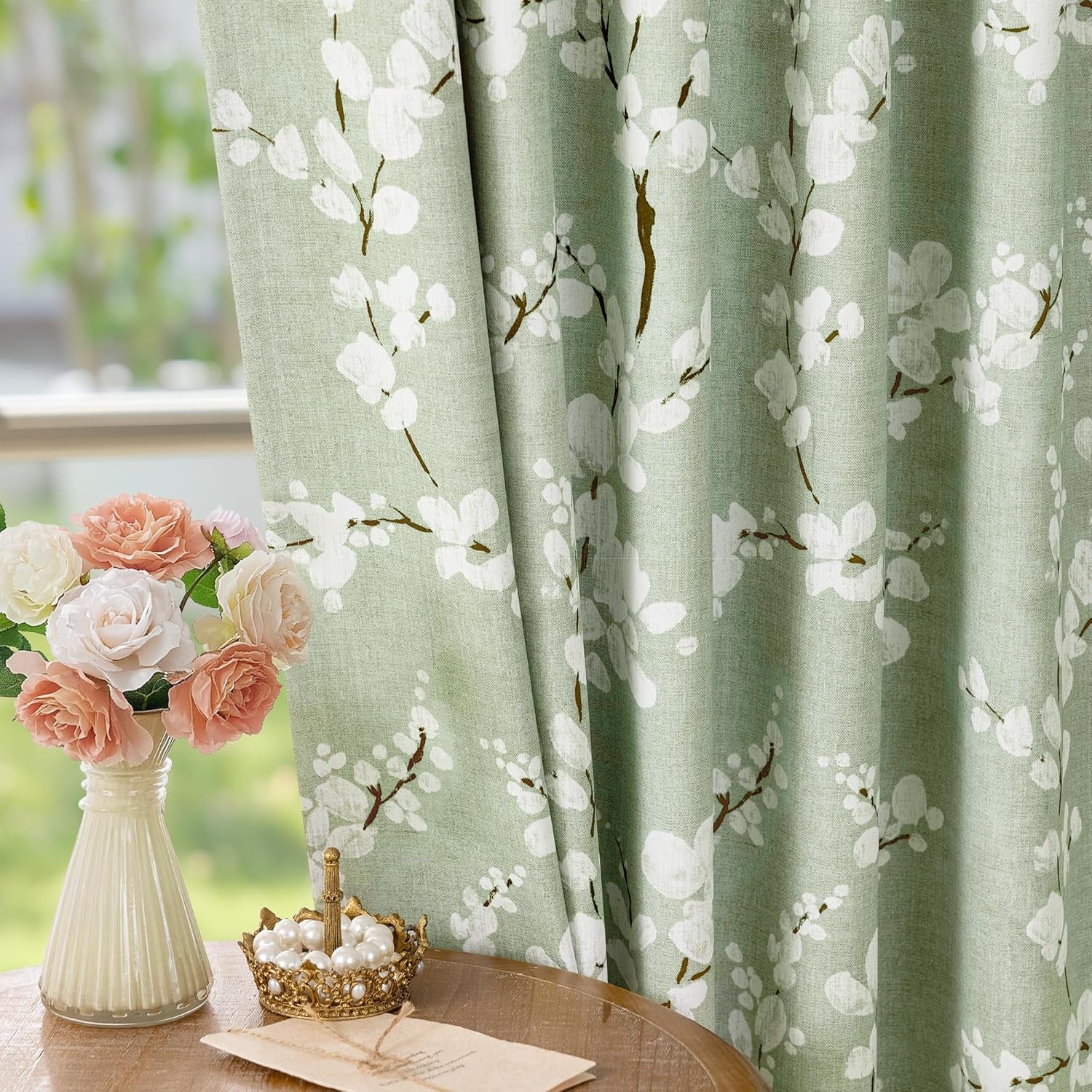 100% Blackout Floral Curtains for Bedroom, Sage Green Curtains 63 Inch Length Blossom Patterned for Living Room, Thermal Insulated Farmhouse Drapes, Rod Pocket 2 Panels (White on Green)
