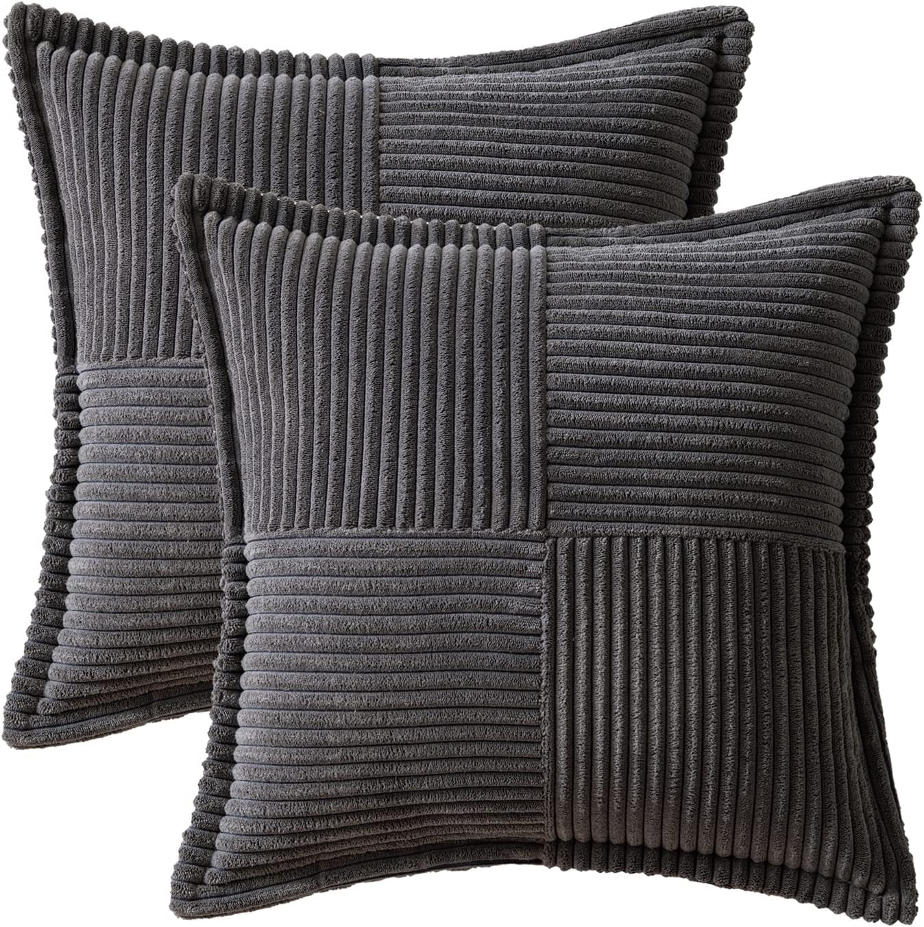 Dark Grey Corduroy Pillow Covers 18 X 18 Inch with Splicing Set of 2 