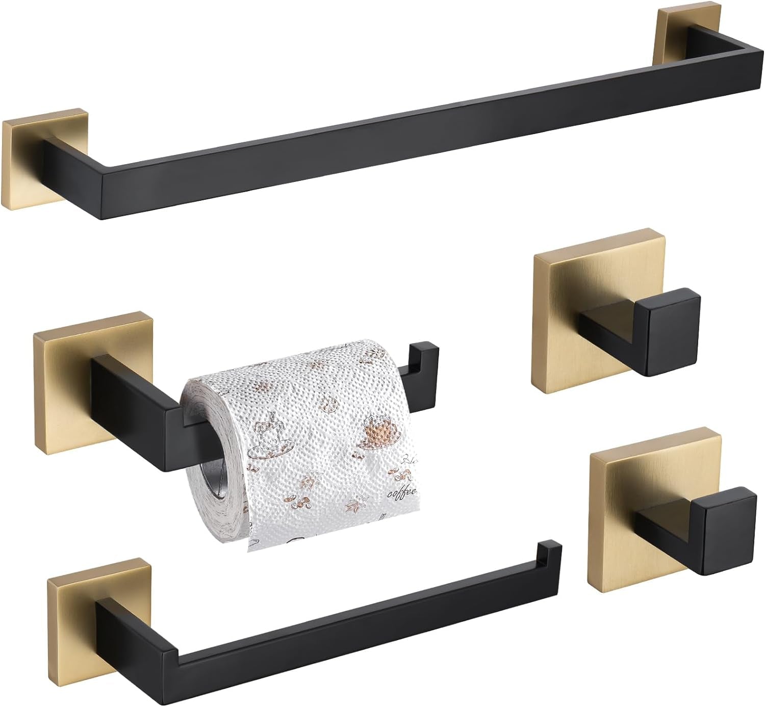 Black and Gold 5-Piece Bathroom Hardware Set, Stainless Steel Wall Mounted
