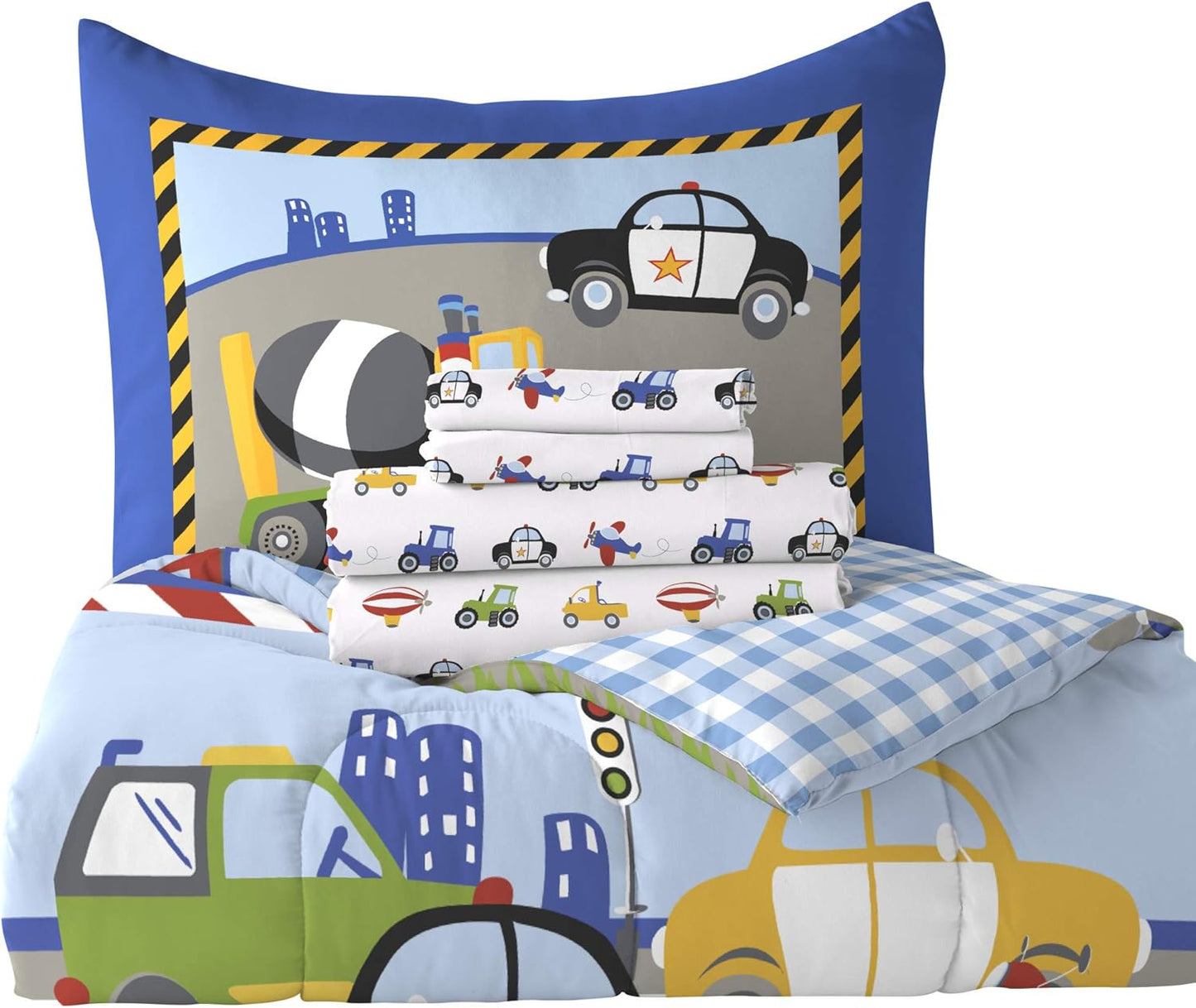 Trucks Tractors Cars Boys 5-Piece Bedding Kids Construction Comforter Sheet Set, Twin Blue Red Multi