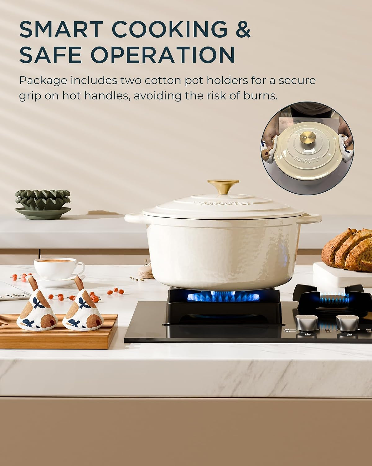 Enameled Cast Iron Dutch Oven, 6QT Pot with Lid, Cream White