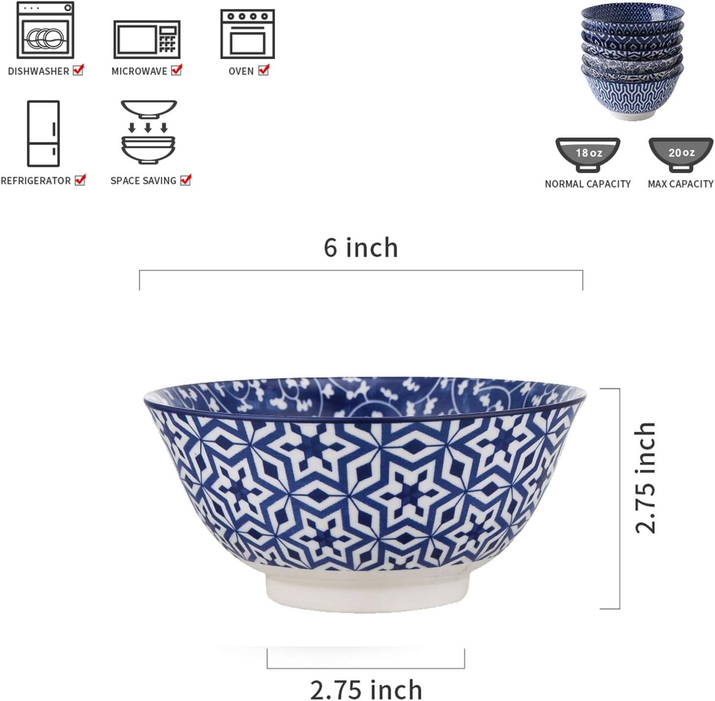 Blue and White Porcelain 20Oz Cereal Bowl Set - Set of 6, 6 Inch Soup Bowls, Vintage Blue