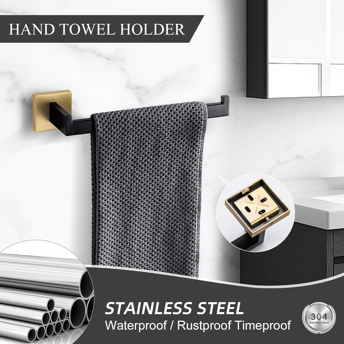 Black and Gold 5-Piece Bathroom Hardware Set, Stainless Steel Wall Mounted