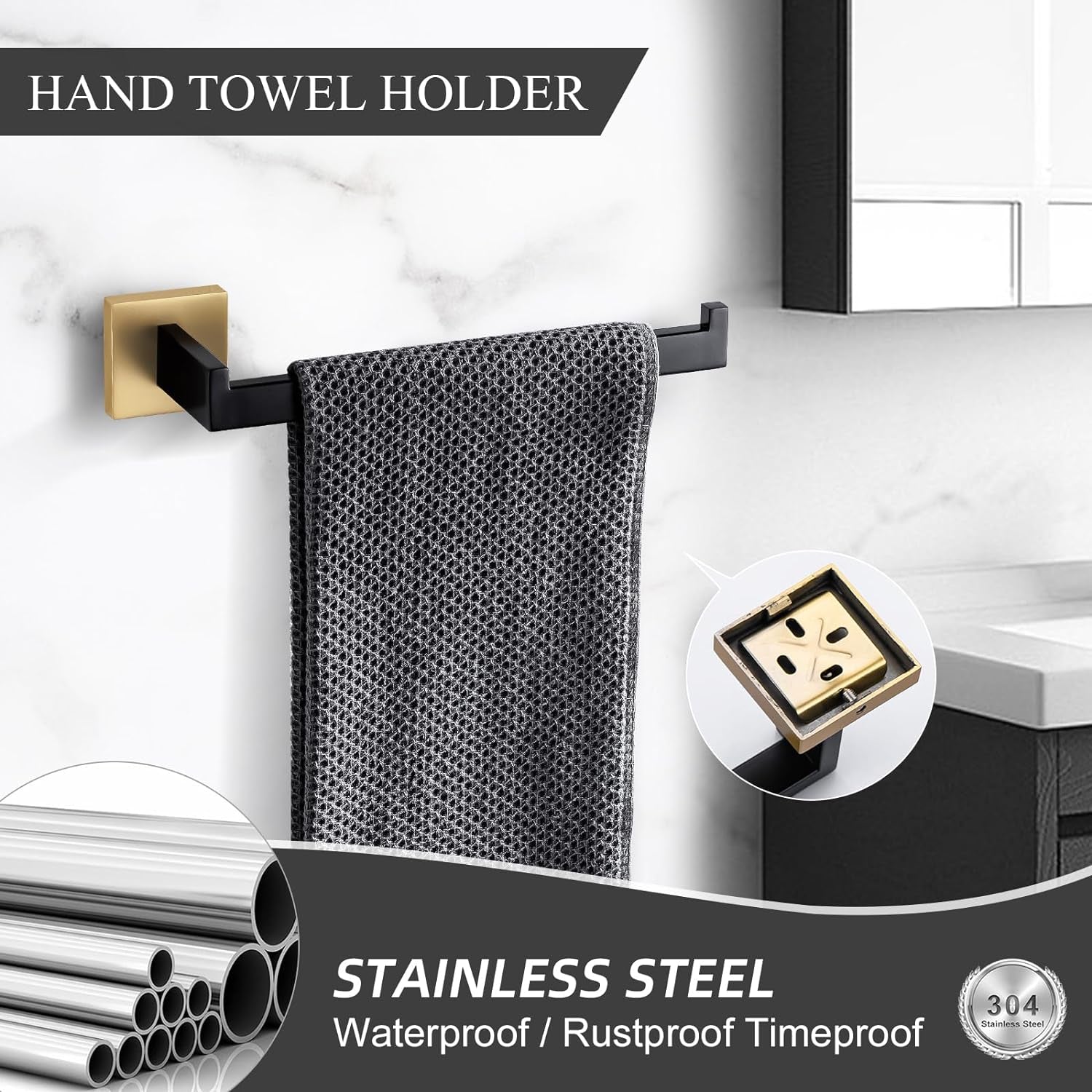 Black and Gold 5-Piece Bathroom Hardware Set, Stainless Steel Wall Mounted