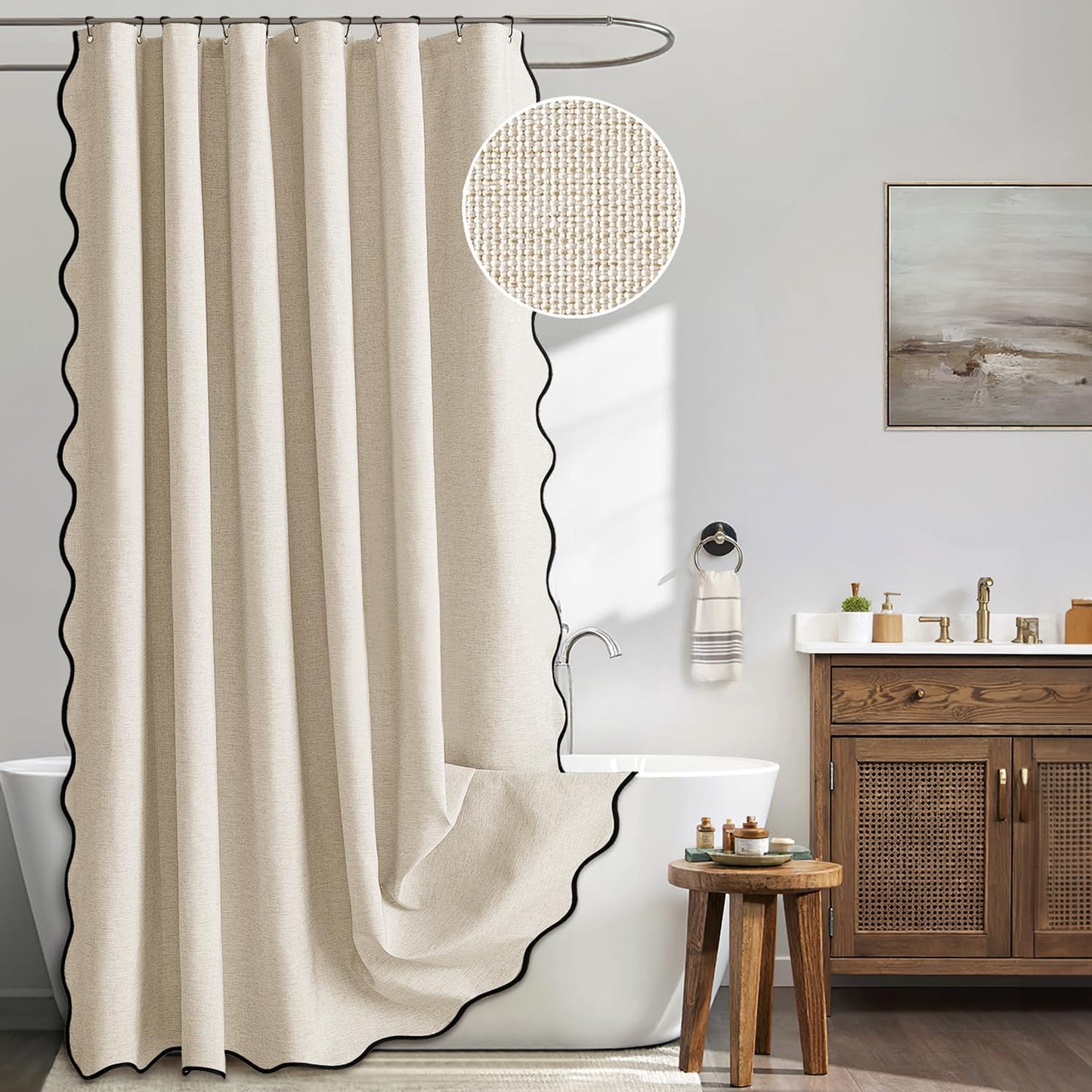 Beige Scalloped Shower Curtain Linen with 12 Metal Hooks Cute Heavy Duty Washable Waterproof, W 72*L 72 Cream