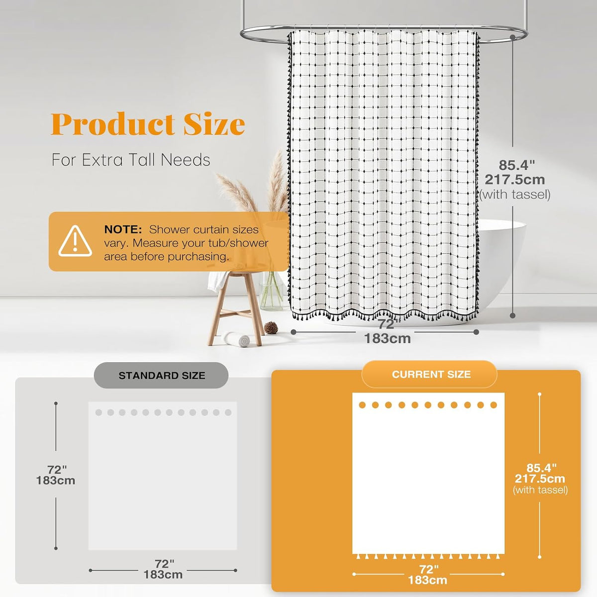 White and Black Long Boho Farmhouse Linen Cloth Shower Curtain, 72X84