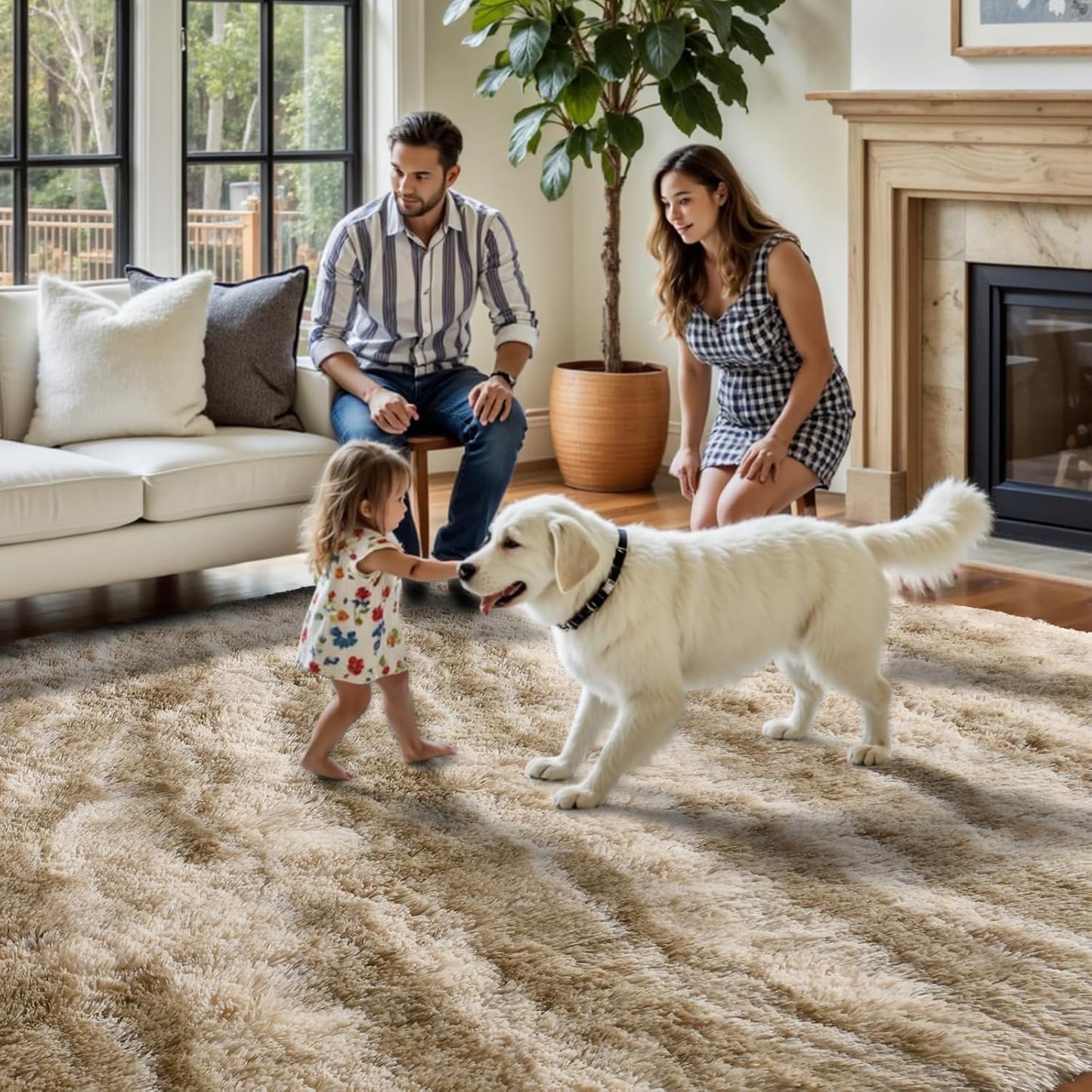  Fluffy Area Rug, 5X8 Non-Slip (Tie-Dye Striped Tan)