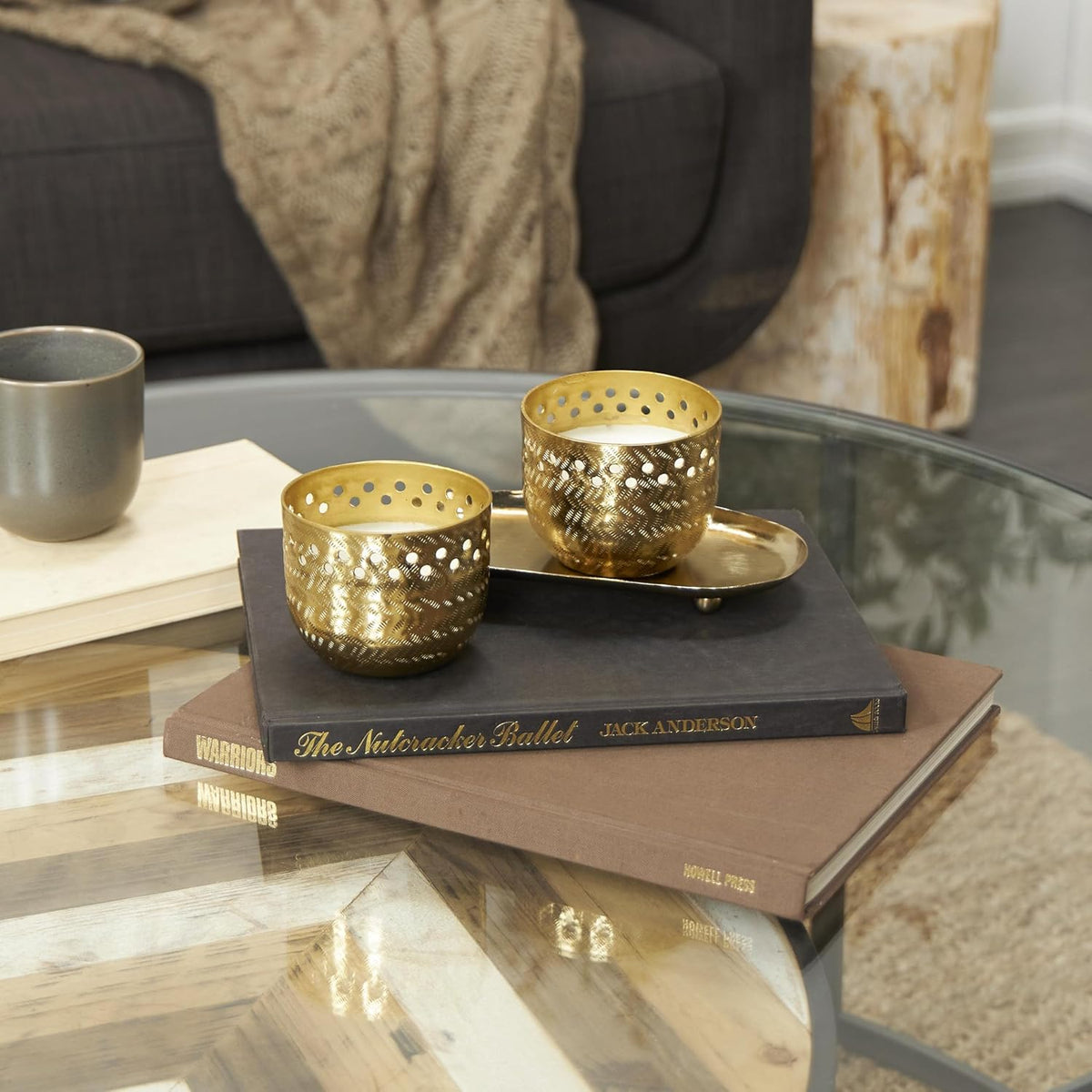 Deco 79 Metal Candle Egyptian Mint Scented Cutout Spotted 7 Oz 1 Wick with White Wax, Set of 2 8" W, 4" H, Gold