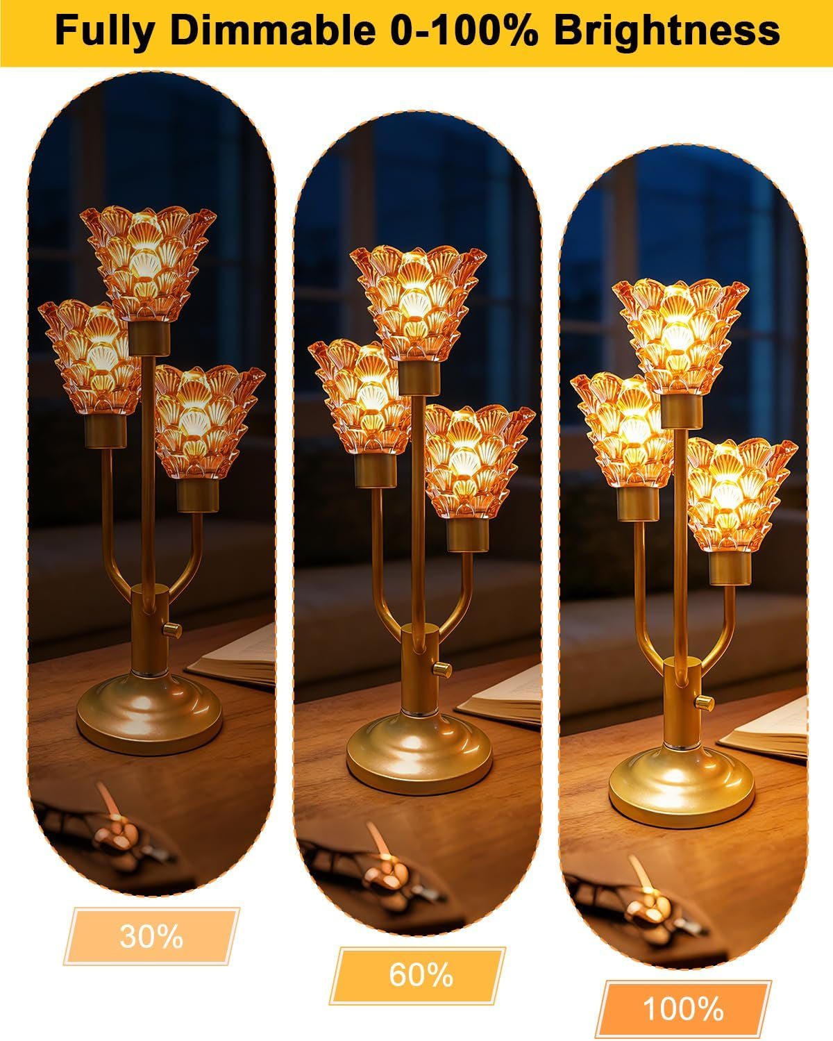  Modern Gold Glass Table Lamp Dimmable 3 Bulbs Included, Nightstand Lamp Vintage, with Amber Glass Warm white 