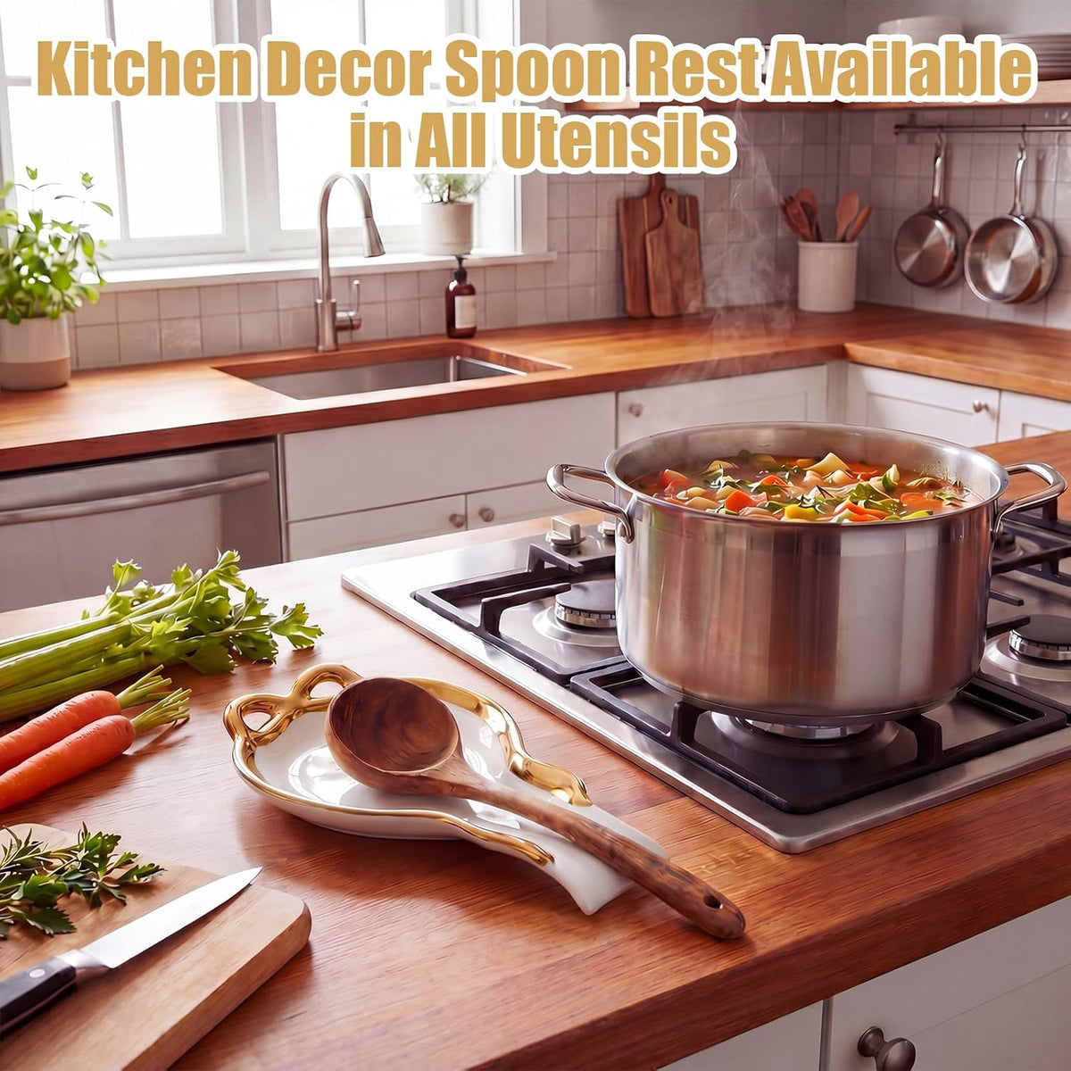 Gold Bow Spoon Rest, Large Ceramic Spoon Holder for Stove Top