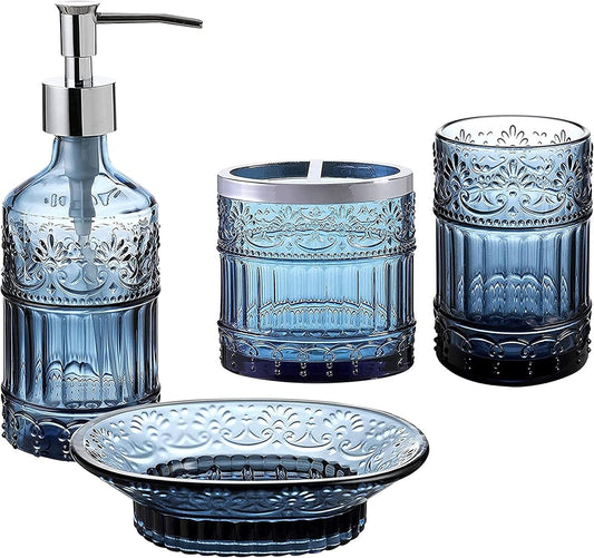 4-Piece Decorative Blue Glass Bathroom Decor Accessories Set 