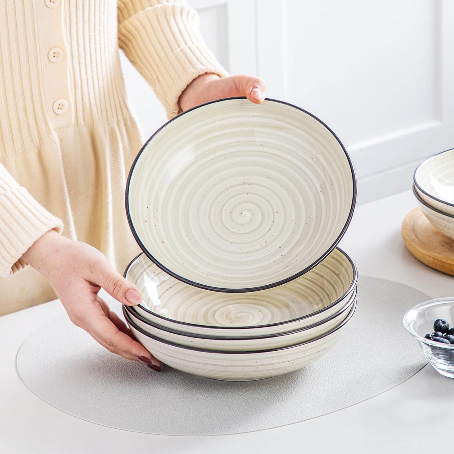 Bonbon Pasta Bowls Set of 6, 38 Oz Ceramic Salad Bowls, Wide and Shallow Bowls Set, Large Serving Bowls for Kitchen, Beige