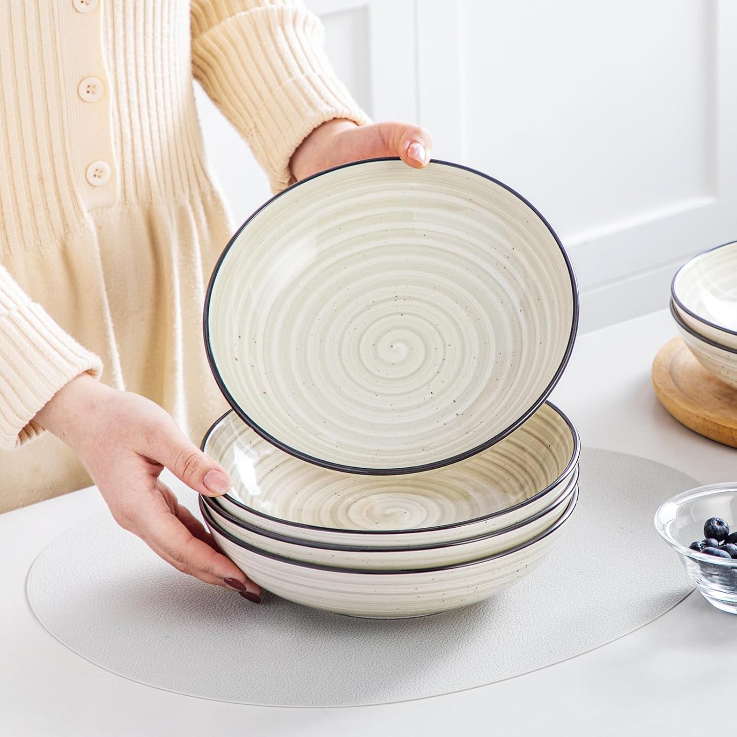 Bonbon Pasta Bowls Set of 6, 38 Oz Ceramic Salad Bowls, Wide and Shallow Bowls Set, Large Serving Bowls for Kitchen, Beige