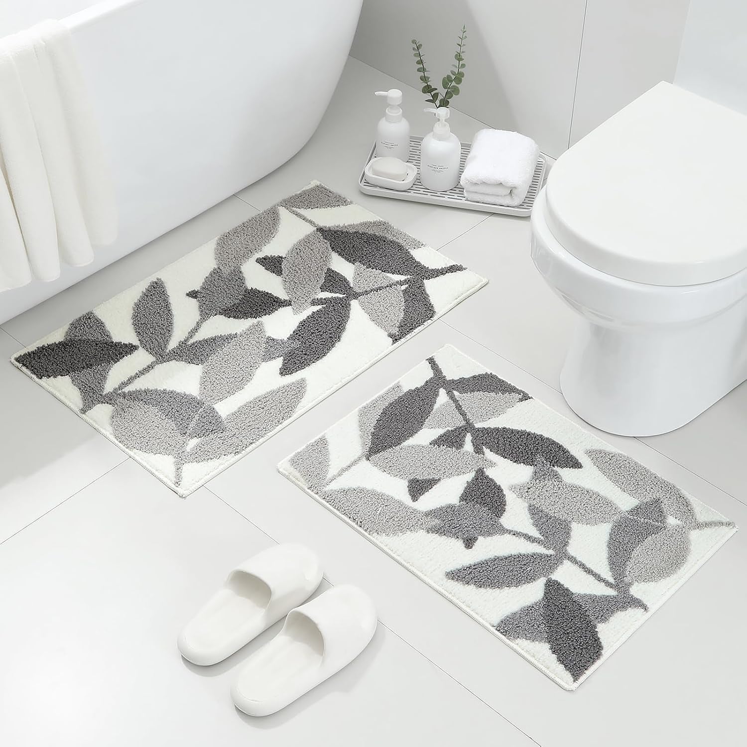 Grey Bathroom Rug Set, Non-Slip Strong Water Absorbent Plush Microfiber Bathmat Set, (18"X26"+20"X32")