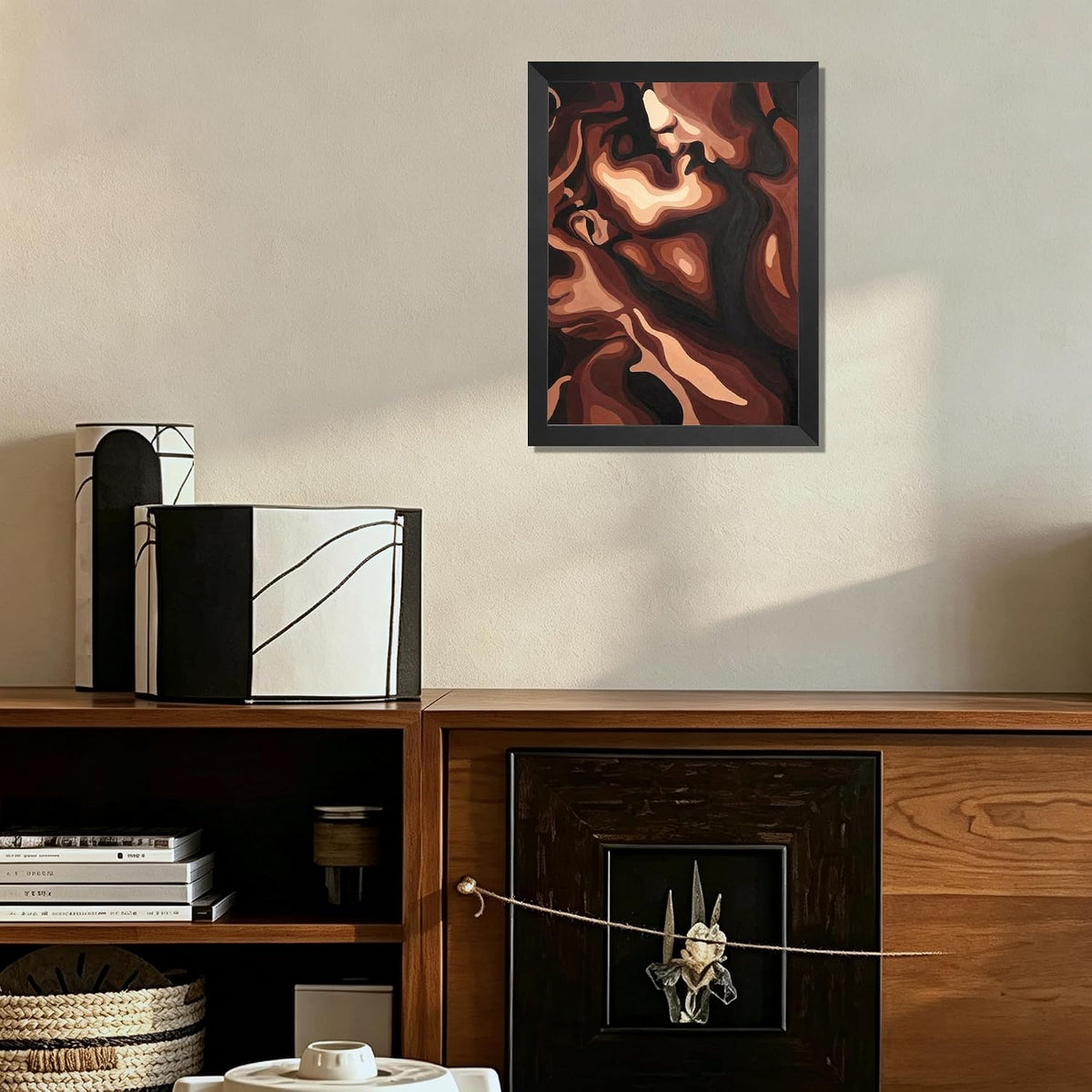 Abstract Swirling Face Wall Art, Expressive Brown & Beige Oil Painting Print, Modern Emotional Decor for Living Room or Office, Black Pine Frame with Adhesive Strips Included