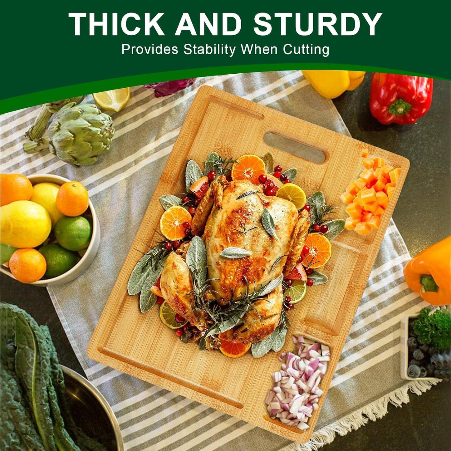 Cutting Boards, Large Bamboo Chopping Board, Built-In 3 Compartments and Juice Grooves(17 X 12.6")