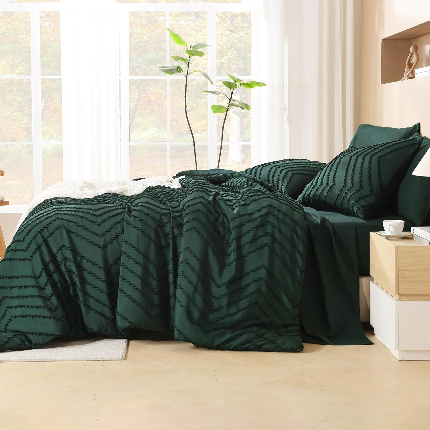 Comforters Queen Size Set with Sheets Dark Emerald Green - 7 Pieces Chevron Tufted Bedding Sets with Comforter, Sheets, Pillowcases & Shams