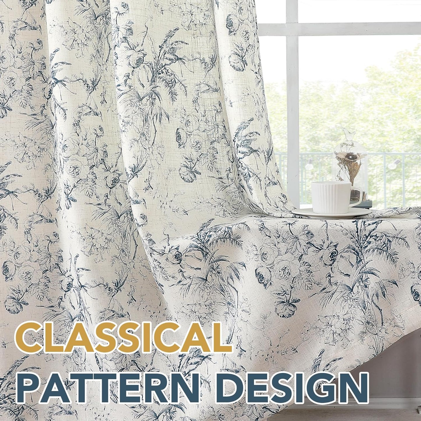 Linen Fabric Curtains for Living Room 96 Inches Long, Rich Semi Sheer Linen Curtains Floral Print Curtain Grommet, 2 Panels, 52" W X 96" L, Floral in Blue