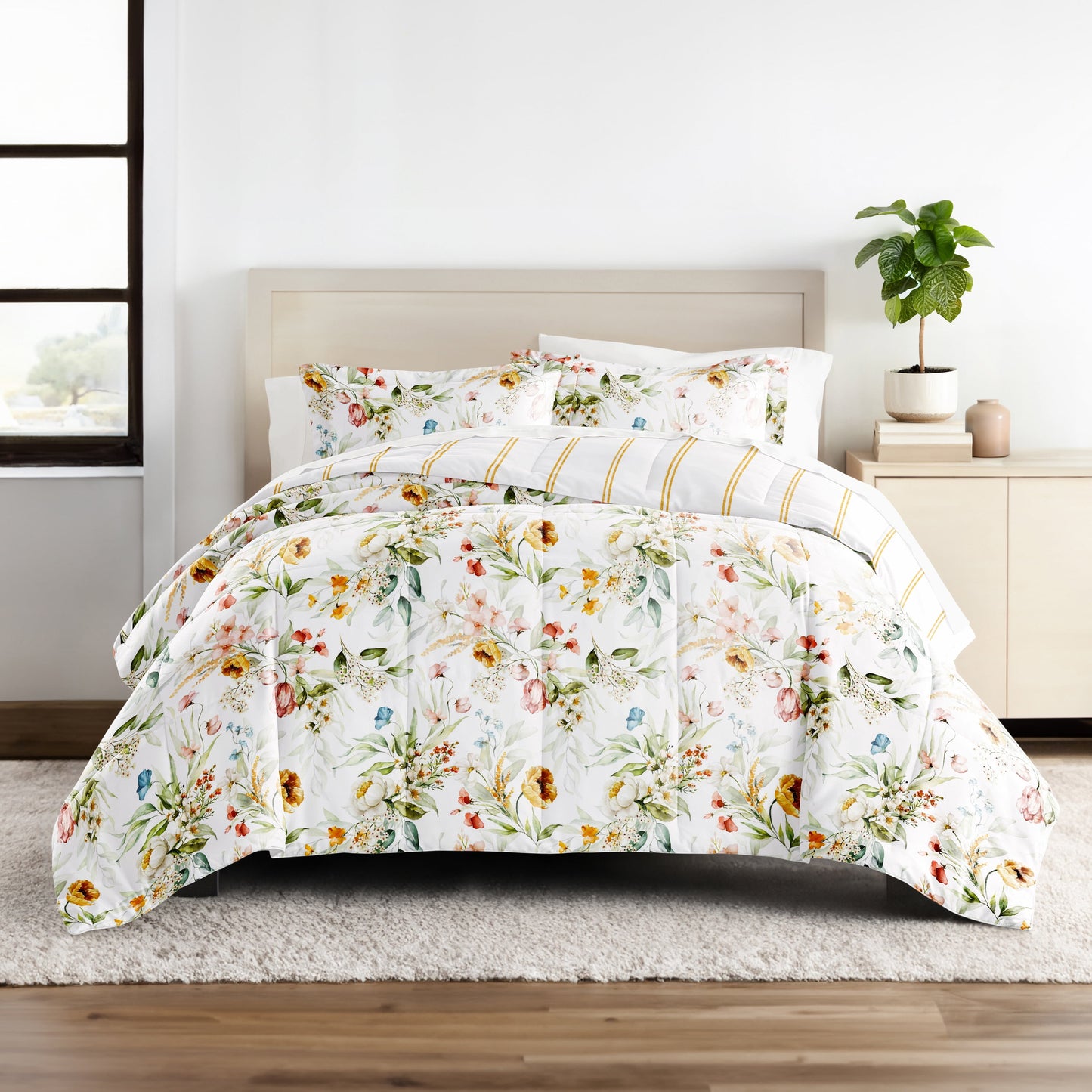 - Twinxl Bedding Bundle, Patterned Microfiber Comforter and Solid Sheet Set in Cabbage Chintz Floral Stripe Clay