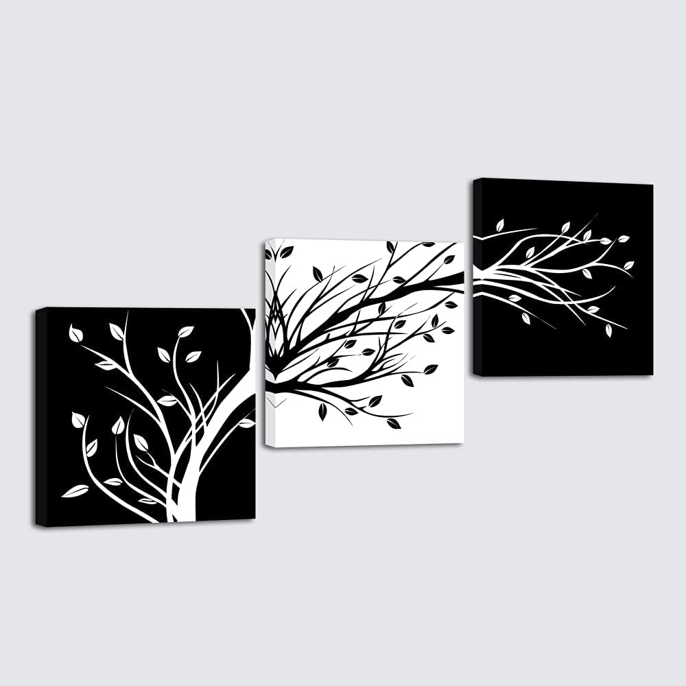 Leaves Modern 3 Panels Flowers Artwork Giclee Canvas Prints Black and White Abstract Floral Trees Pictures Paintings on Canvas Wall Art for Living Room Bedroom Home Decorations