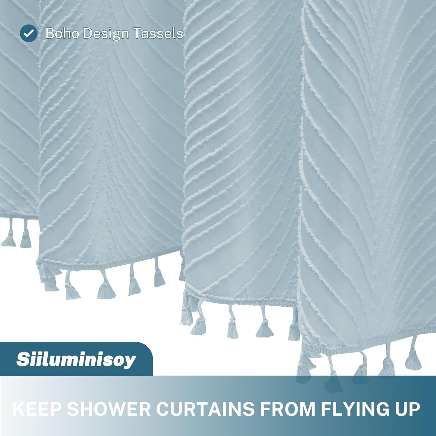 Fog Blue Boho Woven Fabric Cute Shower Curtain, 72 X 72 Tufted Leaves Textured Striped Modern Farmhouse 