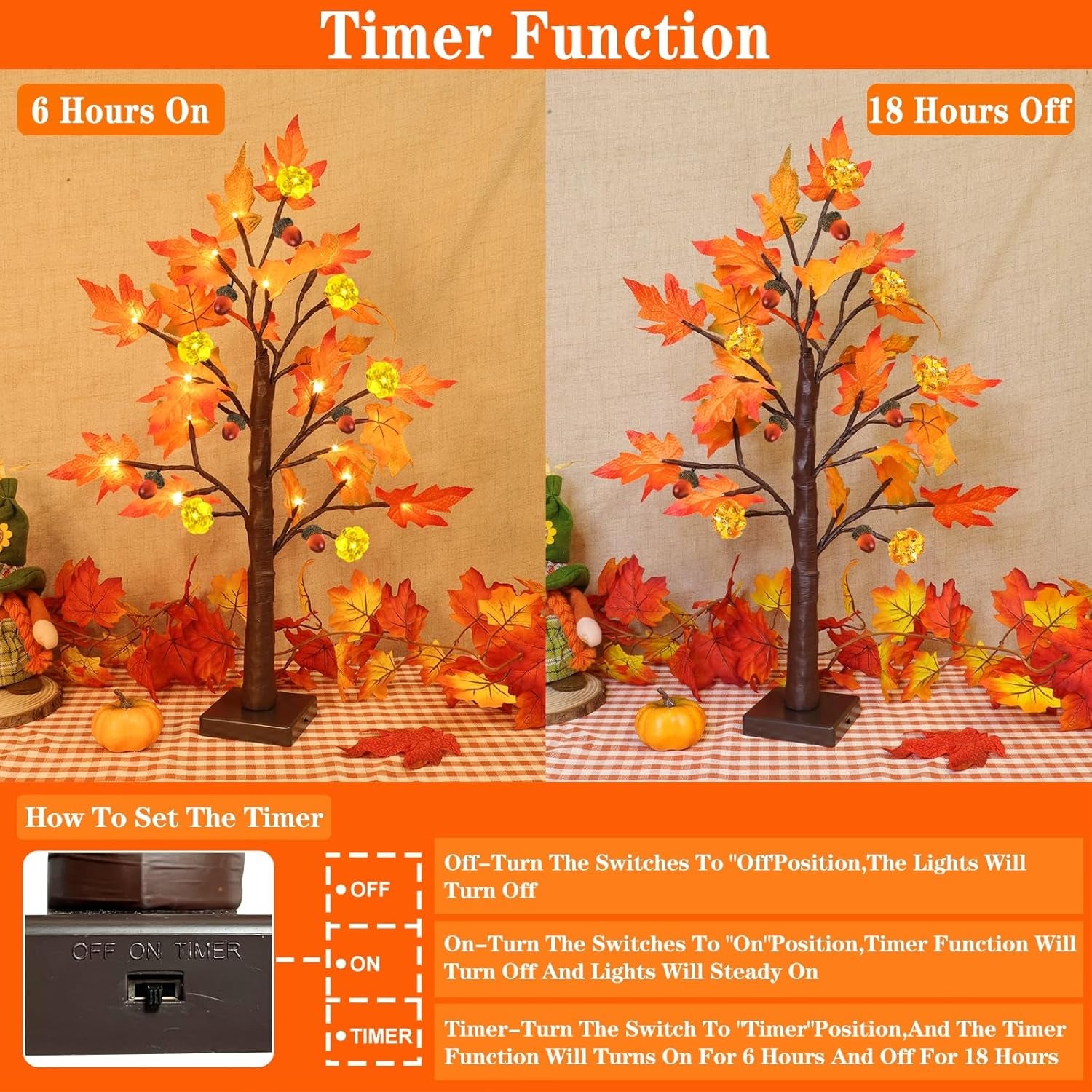 2 Pack 24 Inch Prelit Fall Maple Tree 48Leds Timer Acorn Pumpkin Lights, Battery Operated\