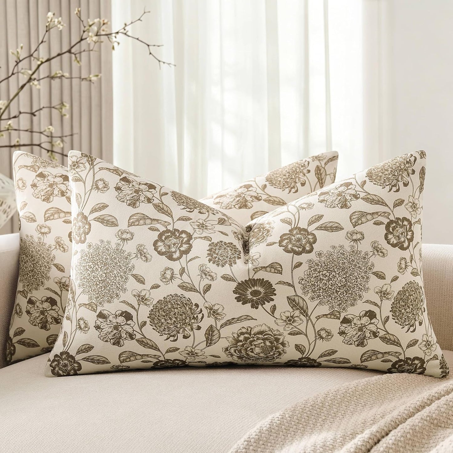 Botanical Lumbar Pillow Covers Set of 2, 12X20 Inch Latte
