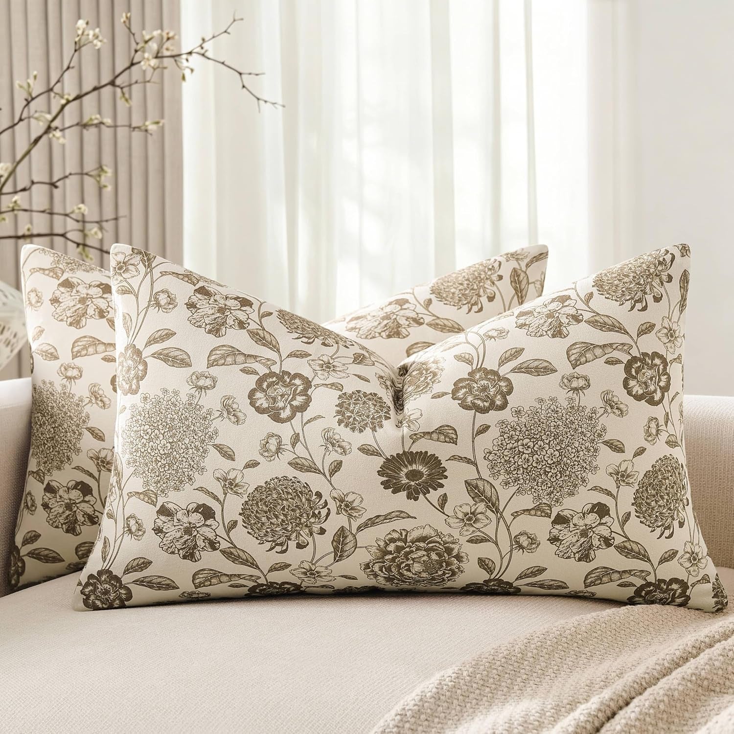Botanical Lumbar Pillow Covers Set of 2, 12X20 Inch Latte