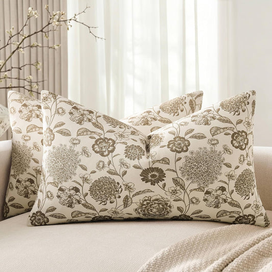 Botanical Lumbar Pillow Covers Set of 2, 12X20 Inch Latte