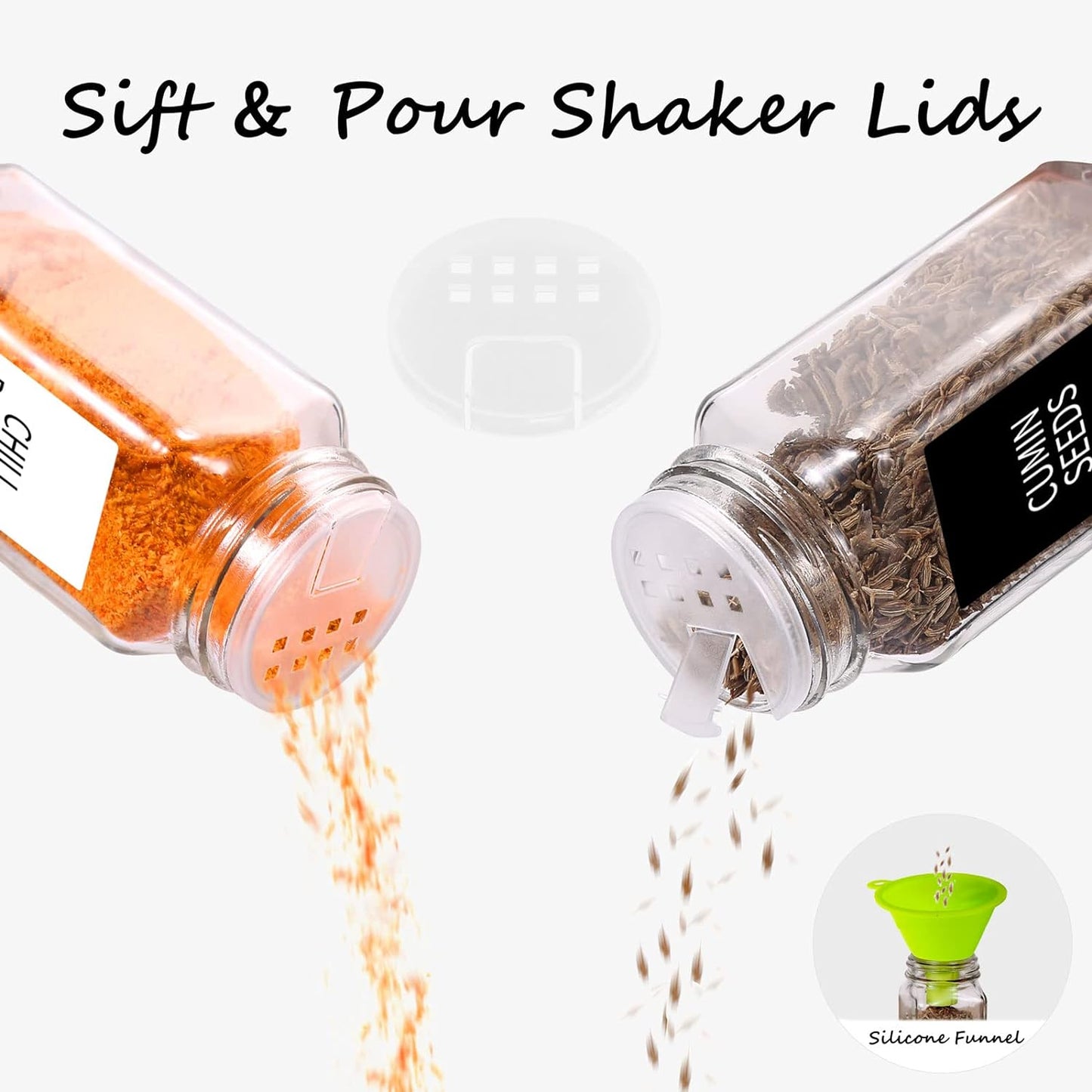 36 Pack Square Glass Spice Jars with Labels, 4Oz with Black Caps, Shaker Lids, 547 Labels, Funnel & Chalk Pen