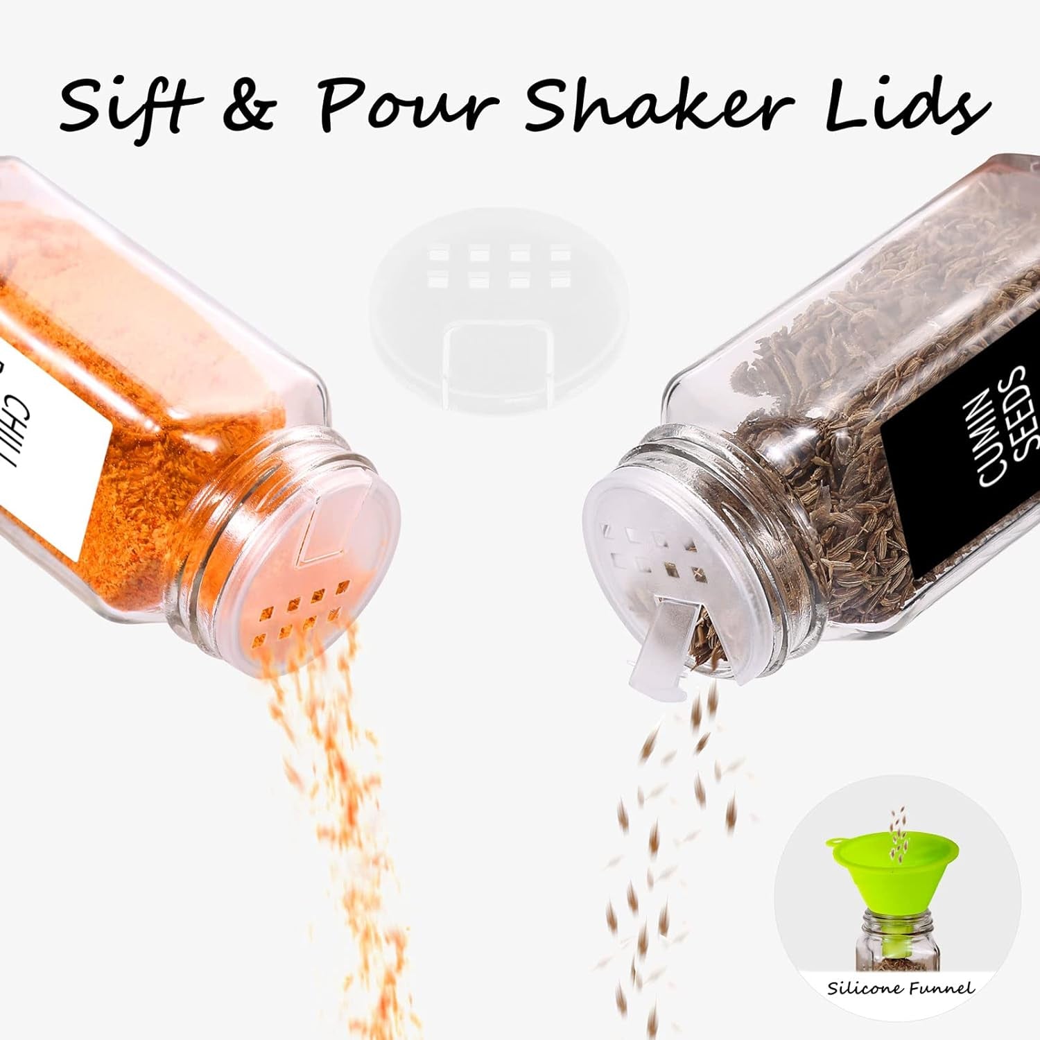 36 Pack Square Glass Spice Jars with Labels, 4Oz with Black Caps, Shaker Lids, 547 Labels, Funnel & Chalk Pen