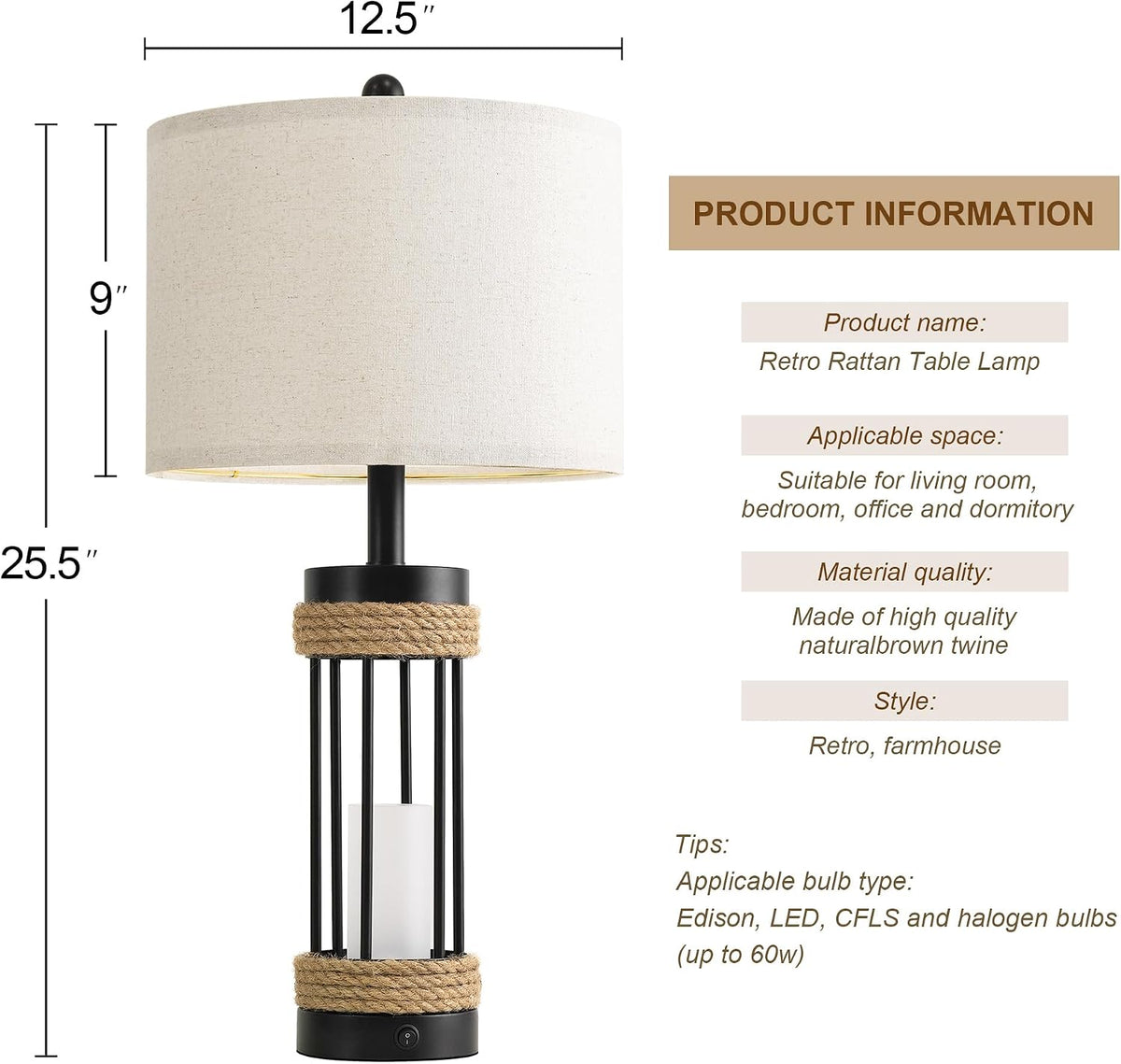 25" Table Lamps Set of 2, Rustic Lamps with USB C+A Charging Ports, Black Metal Lamp with Rope Accent and Frosted Glass