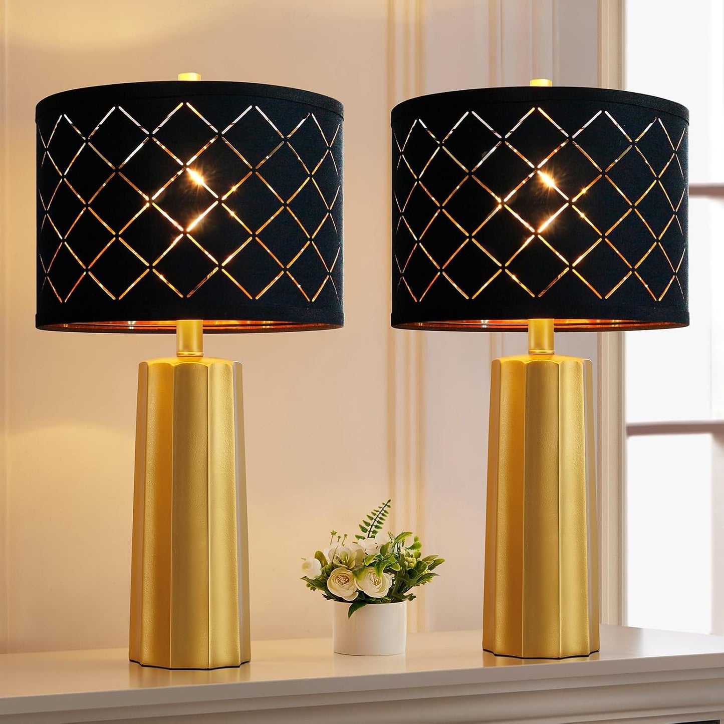 Set of 2 Modern Table Lamps, Gold Nightstand Resin Lamps with Black Grid Shade, 2 Bulbs Included (Gold)