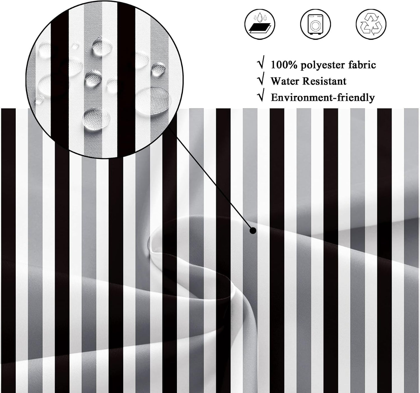 Gray Vertical Striped Black Bathroom Shower Curtain Set