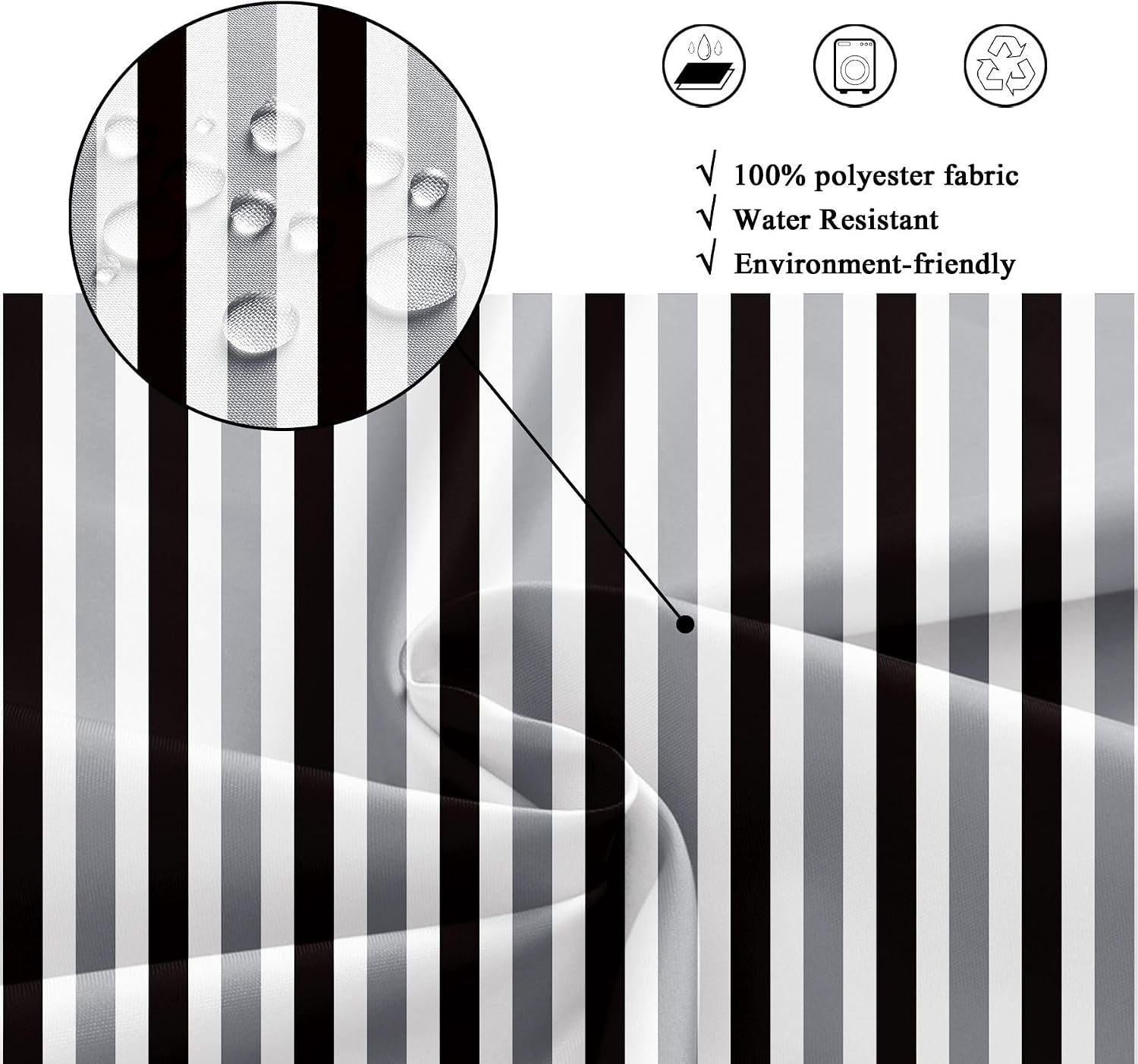 Gray Vertical Striped Black Bathroom Shower Curtain Set