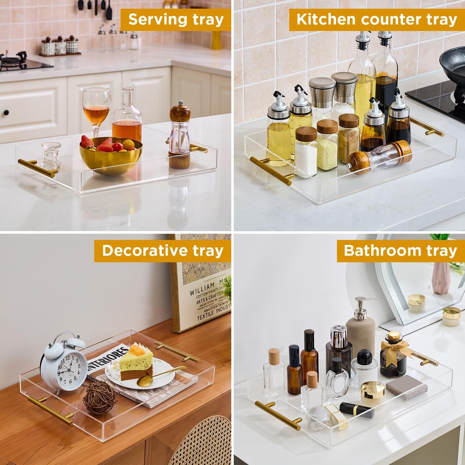 12"X16" Clear Acrylic Serving Tray with Golden Handles, Storage Tray (12"X16")