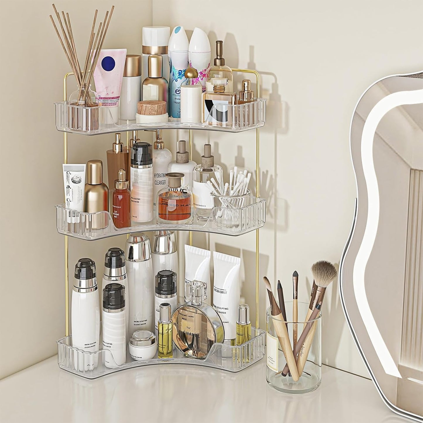 Corner Bathroom Counter Organizer, 3 Tier Bathroom Countertop Organizers Shelf, Makeup & Perfume Organizer Tray 